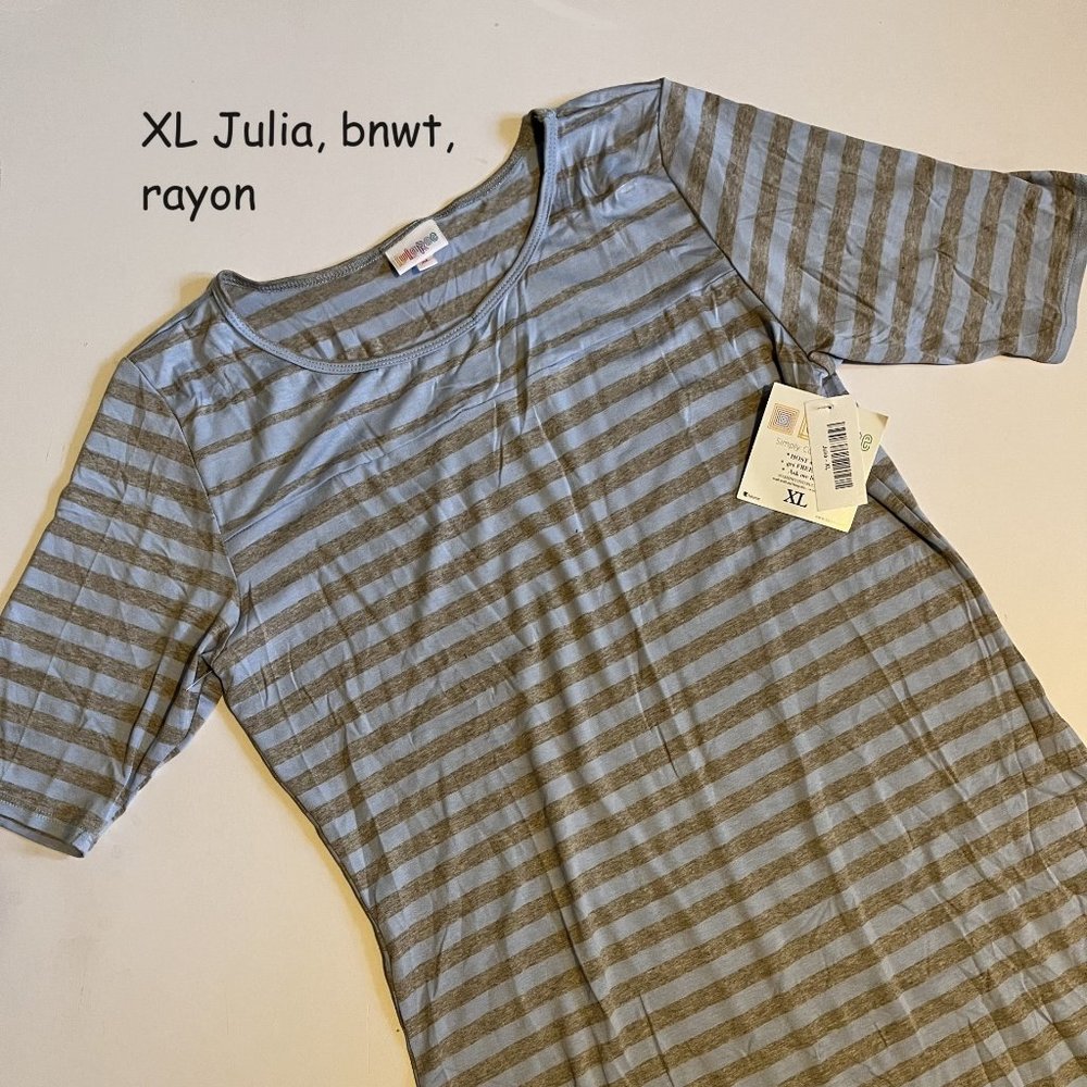 XL Lularoe Julia sheath dress, grey and light blue stripes, rayon